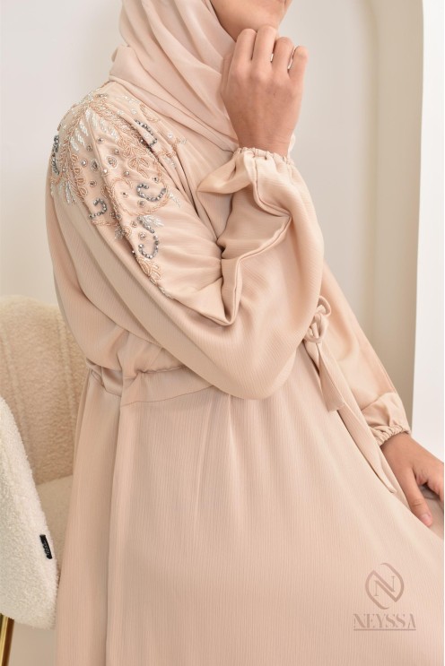 Abaya umbrella Dubai Beige mit Perlenstickerei 
