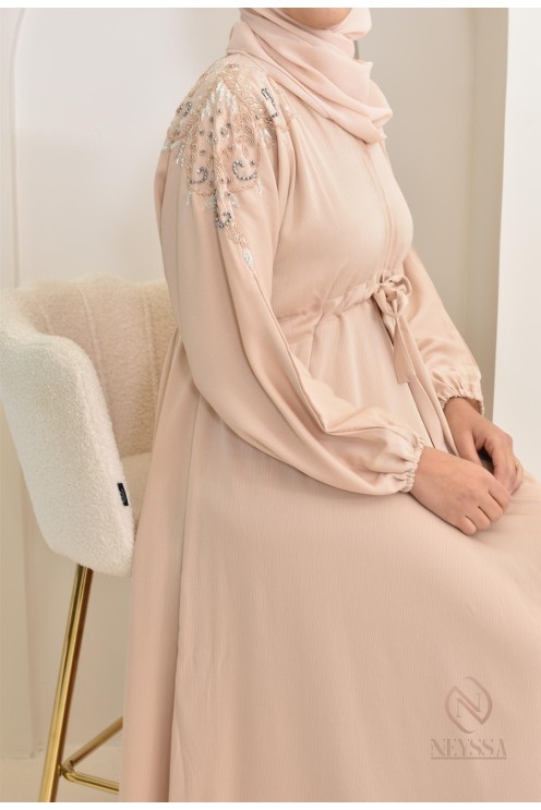 Abaya umbrella Dubai Beige mit Perlenstickerei 