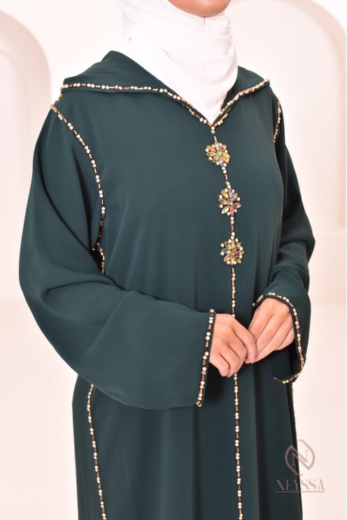Djellaba traditionnelle marocaine vert bouteille broderies perlés