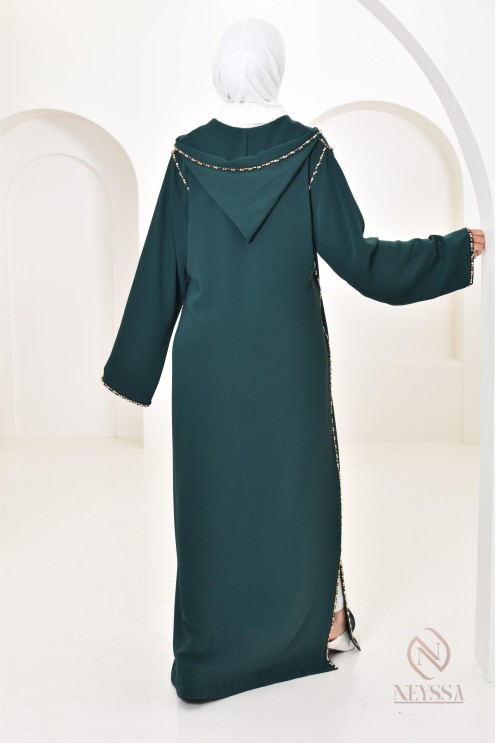 Djellaba traditionnelle marocaine vert bouteille broderies perlés