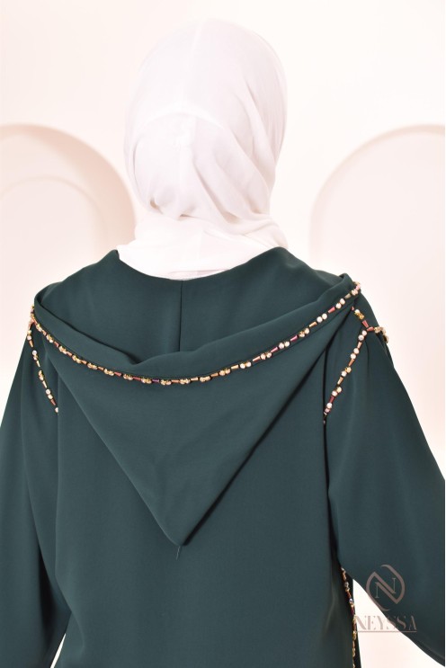Djellaba traditionnelle marocaine vert bouteille broderies perlés