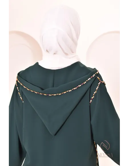 Djellaba traditionnelle marocaine vert bouteille broderies perlés