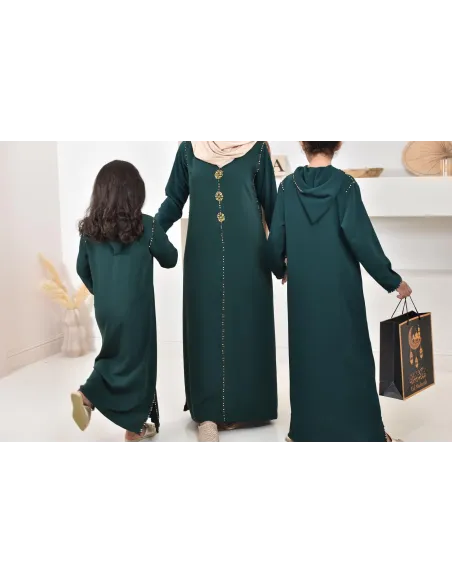 Djellaba traditionnelle marocaine vert bouteille broderies perlés