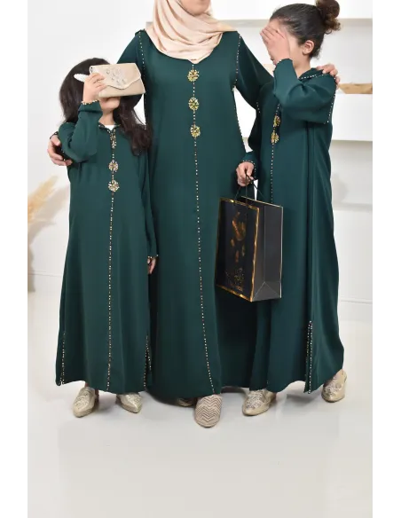 Djellaba traditionnelle marocaine vert bouteille broderies perlés