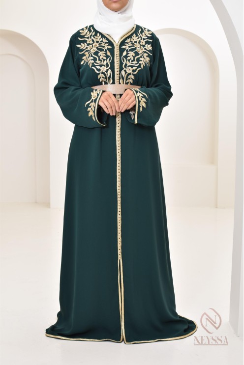Caftan moderne avec broderies sfifa Haute couture marocaine vert bouteille