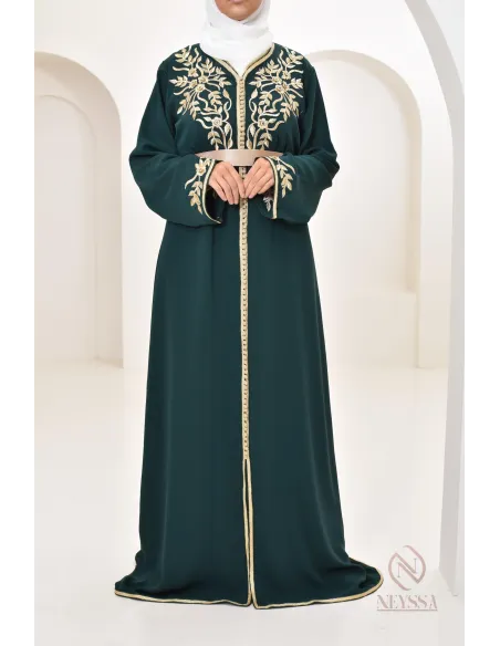 Caftan moderne avec broderies sfifa Haute couture marocaine vert bouteille
