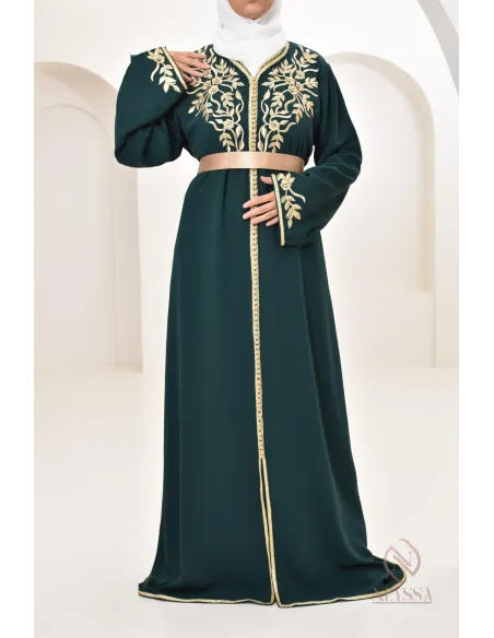 Caftan moderne avec broderies sfifa Haute couture marocaine vert bouteille