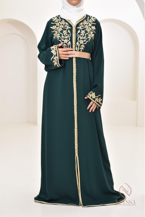Caftan moderne avec broderies sfifa Haute couture marocaine vert bouteille