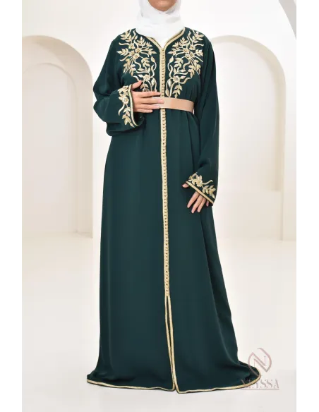 Caftan moderne avec broderies sfifa Haute couture marocaine vert bouteille