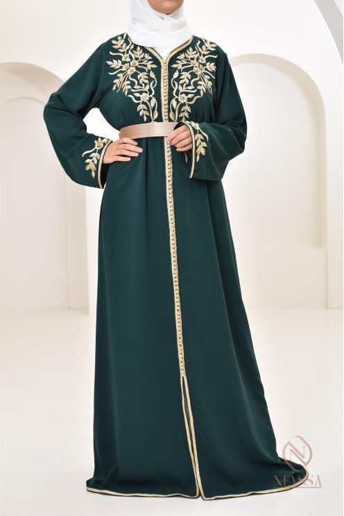 Caftan moderne avec broderies sfifa Haute couture marocaine vert bouteille