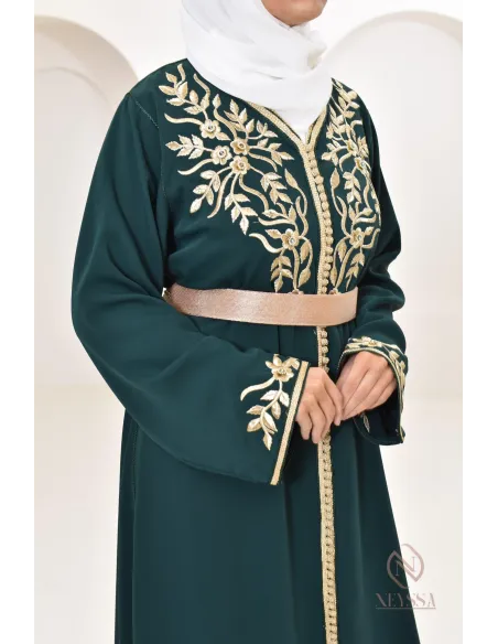 Caftan moderne avec broderies sfifa Haute couture marocaine vert bouteille