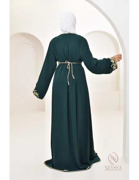 Caftan moderne avec broderies sfifa Haute couture marocaine vert bouteille