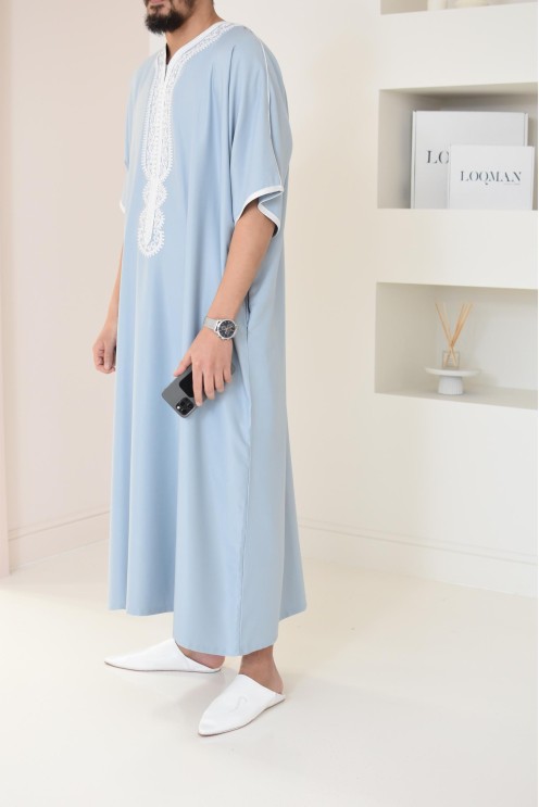 Qamis homme mariage Marocain gandoura en coton bleu idée cadeau à offrir 