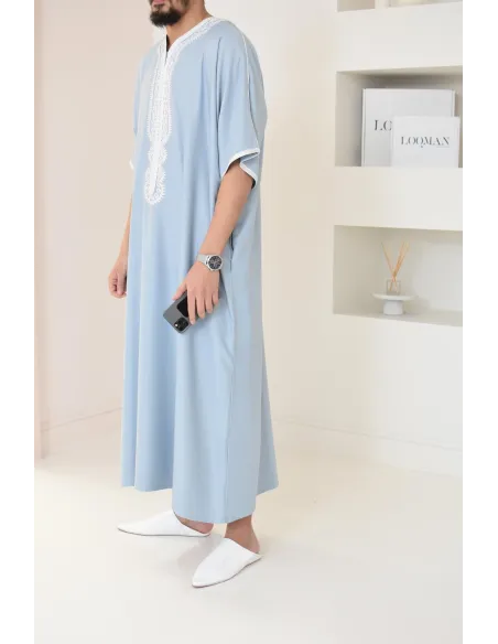 Qamis homme mariage Marocain gandoura en coton bleu idée cadeau à offrir 
