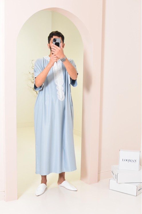 Qamis homme mariage Marocain gandoura en coton bleu idée cadeau à offrir 