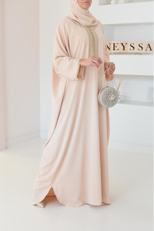 Gandoura beige brodée couleur dorées et manches oversize pour l'Aïd