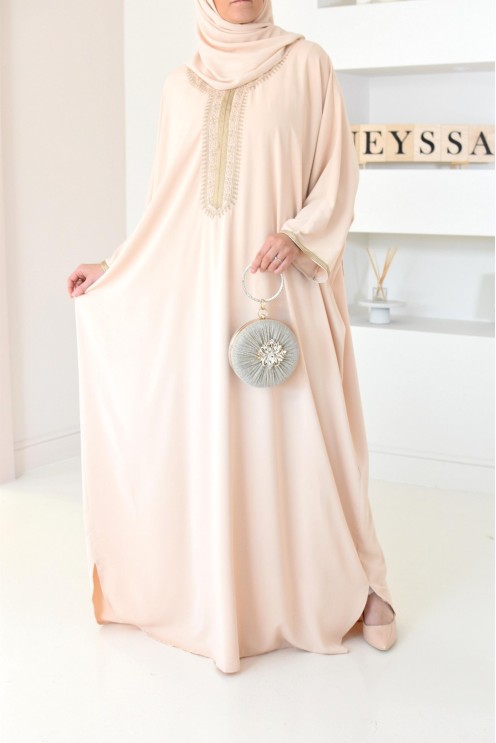 Gandoura beige brodée couleur dorées et manches oversize pour l'Aïd