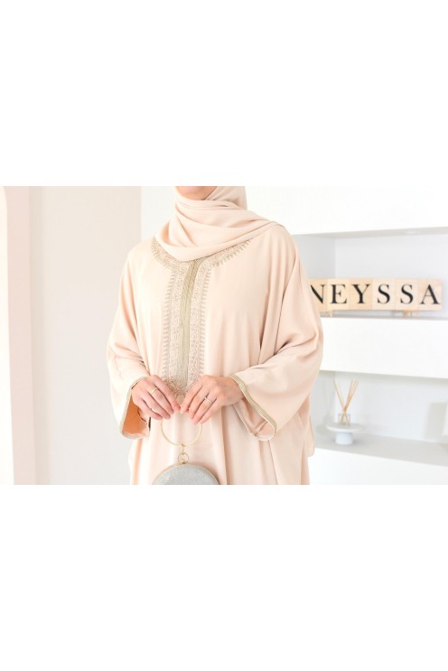 Gandoura beige brodée couleur dorées et manches oversize pour l'Aïd