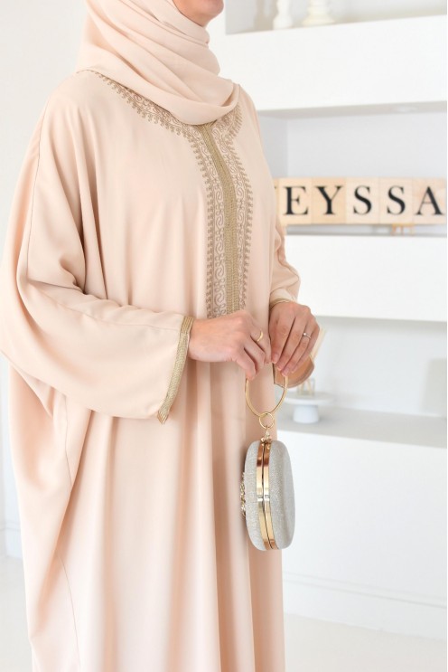 Gandoura beige brodée couleur dorées et manches oversize pour l'Aïd
