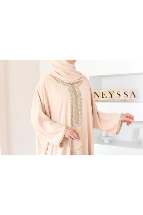 Gandoura beige brodée couleur dorées et manches oversize pour l'Aïd