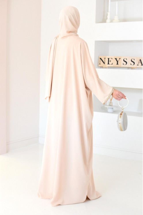 Gandoura beige brodée couleur dorées et manches oversize pour l'Aïd