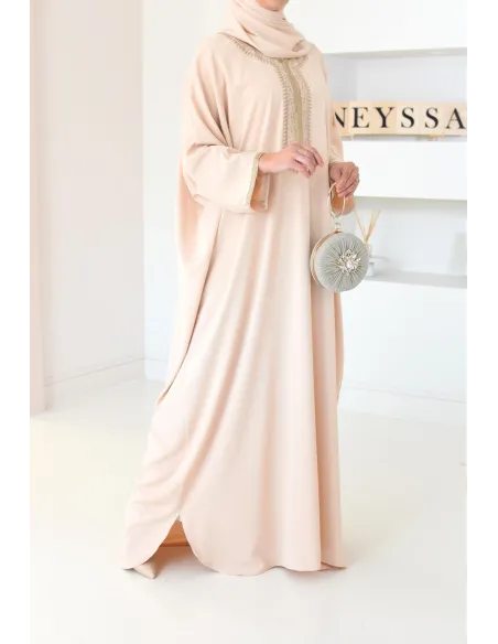 Gandoura beige brodée couleur dorées et manches oversize pour l'Aïd