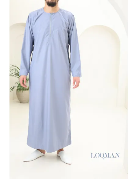 Qamis homme Émirati bleu jean, tissu haut de gamme, idée cadeau