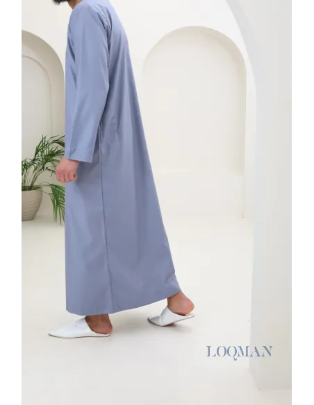 Qamis homme Émirati bleu jean, tissu haut de gamme, idée cadeau