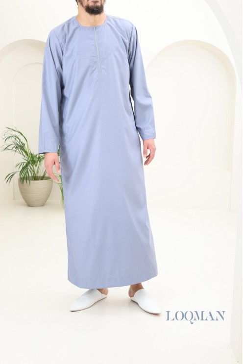 Qamis homme Émirati bleu jean, tissu haut de gamme, idée cadeau