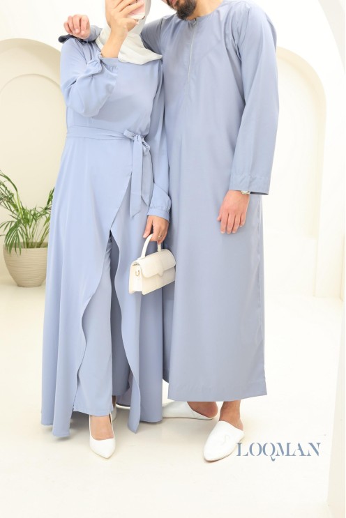 Qamis homme Émirati bleu jean, tissu haut de gamme, idée cadeau