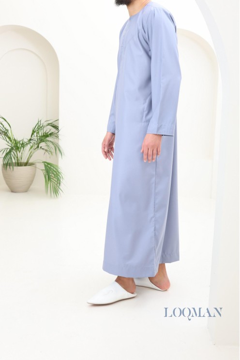 Qamis homme Émirati bleu jean, tissu haut de gamme, idée cadeau