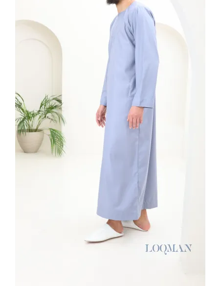 Qamis homme Émirati bleu jean, tissu haut de gamme, idée cadeau