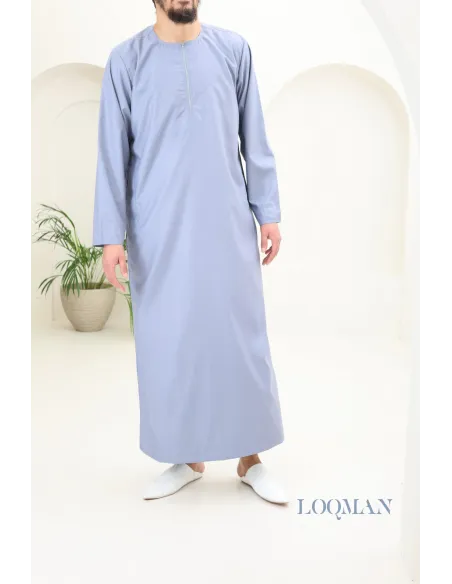 Qamis homme Émirati bleu jean, tissu haut de gamme, idée cadeau