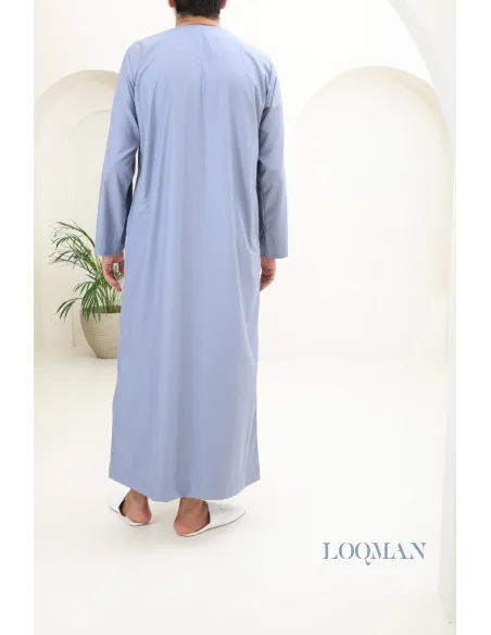 Qamis homme Émirati bleu jean, tissu haut de gamme, idée cadeau