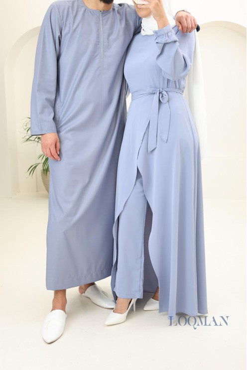 Qamis homme Émirati bleu jean, tissu haut de gamme, idée cadeau