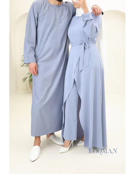 Qamis homme Émirati bleu jean, tissu haut de gamme, idée cadeau