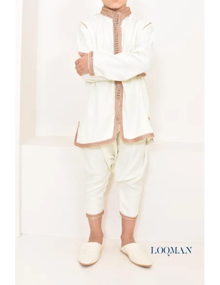 Ensemble Jabador garçon 2 pièces blanc avec broderie sfifa rose gold tunique brodée et sarouel