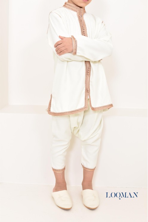 Ensemble Jabador garçon 2 pièces blanc avec broderie sfifa rose gold tunique brodée et sarouel