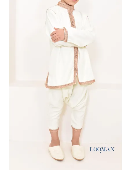 Ensemble Jabador garçon 2 pièces blanc avec broderie sfifa rose gold tunique brodée et sarouel