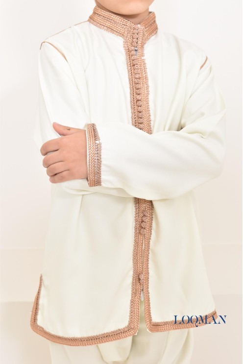 Ensemble Jabador garçon 2 pièces blanc avec broderie sfifa rose gold tunique brodée et sarouel