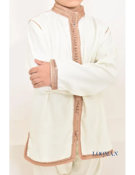 Ensemble Jabador garçon 2 pièces blanc avec broderie sfifa rose gold tunique brodée et sarouel