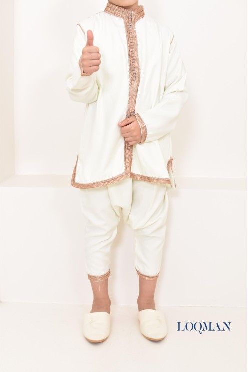 Ensemble Jabador garçon 2 pièces blanc avec broderie sfifa rose gold tunique brodée et sarouel