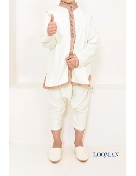 Ensemble Jabador garçon 2 pièces blanc avec broderie sfifa rose gold tunique brodée et sarouel