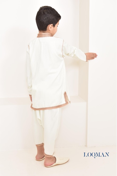 Ensemble Jabador garçon 2 pièces blanc avec broderie sfifa rose gold tunique brodée et sarouel