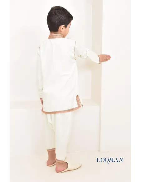 Ensemble Jabador garçon 2 pièces blanc avec broderie sfifa rose gold tunique brodée et sarouel