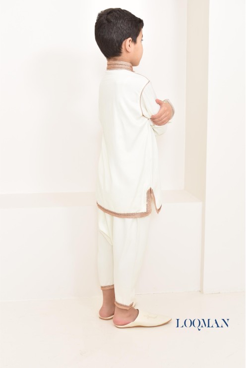Ensemble Jabador garçon 2 pièces blanc avec broderie sfifa rose gold tunique brodée et sarouel