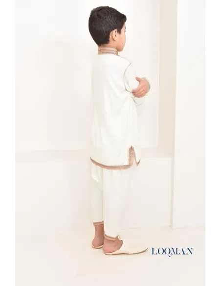 Ensemble Jabador garçon 2 pièces blanc avec broderie sfifa rose gold tunique brodée et sarouel