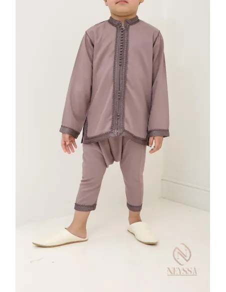 Ensemble Jabador marocain garçon 2 pièces dark nude avec tunique brodée et sarouel