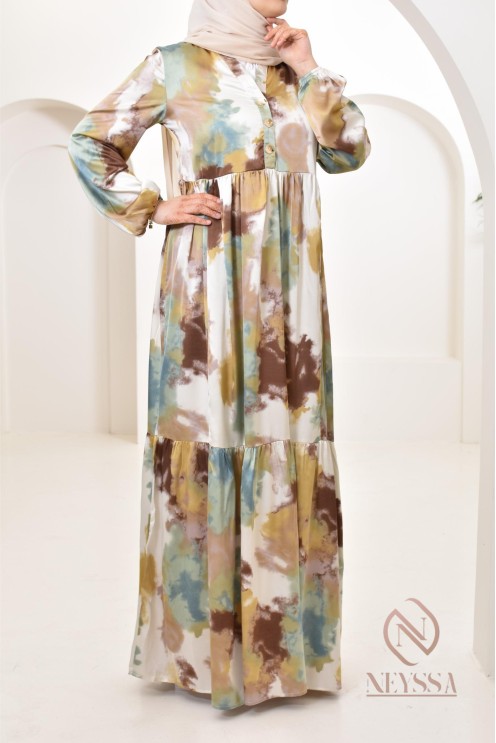 Robe longue satinée coupe évasée imprimées à motifs femme musulmane 1m80