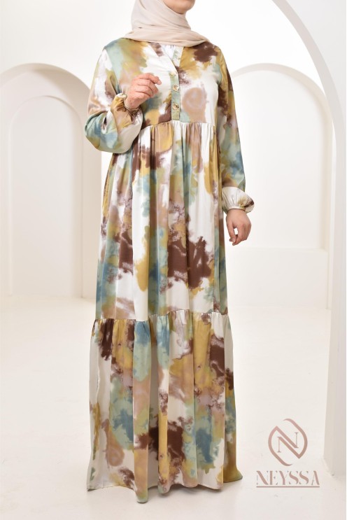 Robe longue satinée coupe évasée imprimées à motifs femme musulmane 1m80